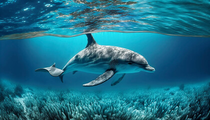 dolphin underwater on blue ocean background looking at you. ai generative