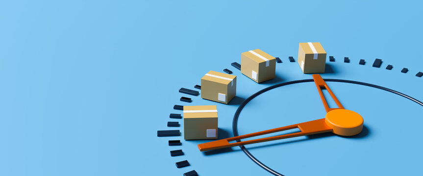 Online delivery service. Express delivery, 3d time watch minimal for manage concept of time, service and support around clock. Alarm clock is alerting the flat sales promotion period. 3d rendering