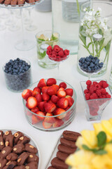Berries and sweet snacks on the table. Light snacks on the table. Berries and dates in chocolate on the table. Homemade lemonade. Catering concept. Vertical photo.
