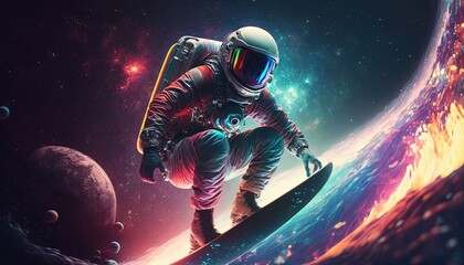 Obraz na płótnie Canvas Vivid colorful illustrations of astronauts in space surfing on surfboard waves of galaxies generate ai.