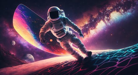 Obraz na płótnie Canvas Vivid colorful illustrations of astronauts in space surfing on surfboard waves of galaxies generate ai.