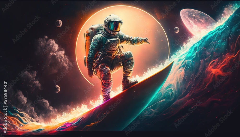 Wall mural vivid colorful illustrations of astronaut in space surfing on surfboard waves of galaxies generate a