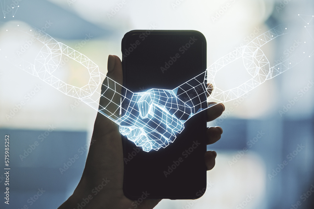 Poster creative concept of blockchain technology with handshake and hand with phone on background. digital 