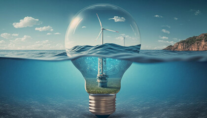 light bulb with a wind turbine inside. water energy concept, Concept of green energy saving, renewable and recycling. Ecology behavior for global warming. AI