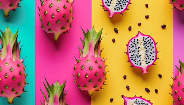 dragon fruit pattern background, Summertime concept, food lover concept, yellow and pink background, Generative AI illustration