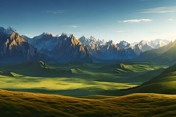 Landscape with mountains. Nature background. countryside view with forest, field and hills. Generative AI