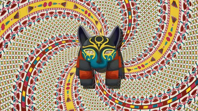 Figure of Bastet, Egyptian goddess of fertility, pregnancy and childbirth over a traditional rotating background
