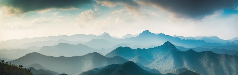 Fototapeta premium beautiful landscape with mountains fading into fog at dawn, generative AI
