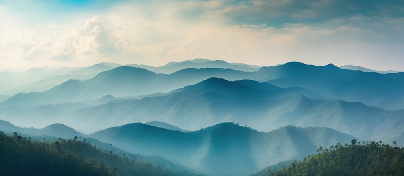 beautiful landscape with mountains fading into fog at dawn, generative AI