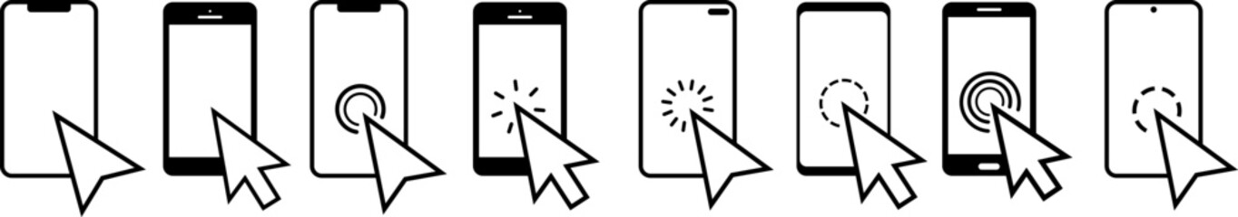 Hand touch screen smartphone vector icons.Hand click.Smartphone simple line icon.Click on the smartphone.Touch screen display.Cursor clicking.
