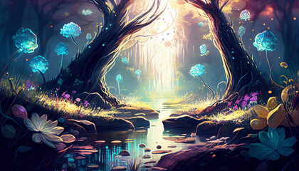 A mystical forest with a hidden grove with Fractal plant growth, glowing mushrooms, sparkling fireflies, babbling brook, Soft and warm, with the light of the setting sun filtering through the trees 1
