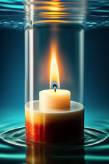A candle is lit up with a blue background under the water