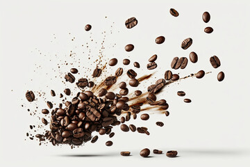Obraz premium Coffee beans in flight on white background