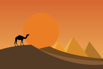 Silhouette of a camel on dunes in desert