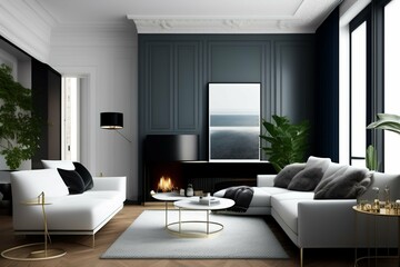 Fototapeta premium Mockup of a modern living room with TV and pictures . Generative AI