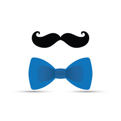 Fototapeta premium Black mustache and blue bowtie on white background