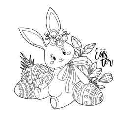 Happy Easter. Cute bunny with Easter eggs, flowers and leaves. Сontour picture for coloring book, design greeting card, print and poster.