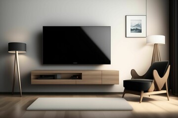 Mockup of a modern living room with TV and pictures. Generative AI