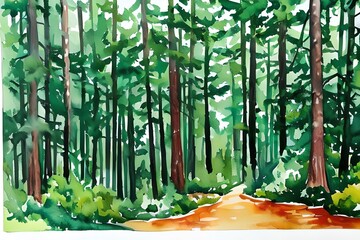 Watercolor Forest tree illustration. Mountain landscape. Woodland pine trees. Green Forest. Generative AI