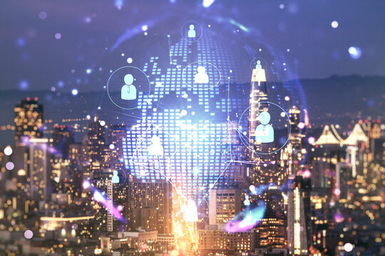 Virtual social network media hologram and world map on San Francisco cityscape background. Double exposure