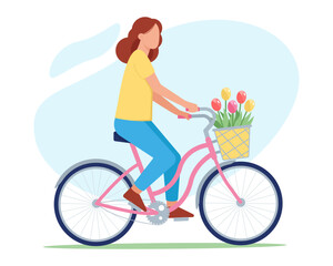 Cute girl riding a bicycle with a bouquet of flowers in the front basket. Young woman on a bicycle. Charming woman cyclist. Vector illustration