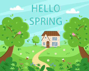 Spring village landscape with cute house and green meadow with flowers, birds and insects, summer or spring landscape. Vector illustration
