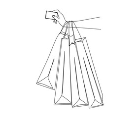 Continuous one line drawing of hand holding shopping bags and credit card. Simple paper bag line art vector illustration.