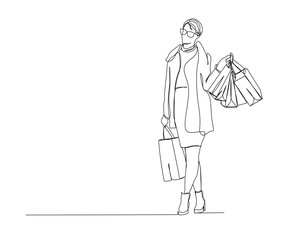 Continuous one line drawing of pretty woman holding paper bags after shopping . simple shopping and fashion concept line art vector illustration.