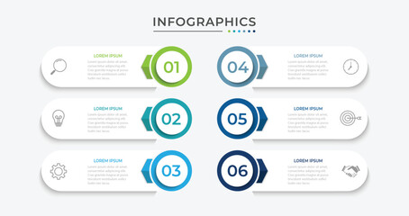 Timeline infographic template design with arrows and circles. Business concept with 6 options, steps, sections.