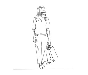 Continuous one line drawing of pretty woman wearing medical mask and holding paper bags after shopping . simple shopping and fashion concept line art vector illustration.