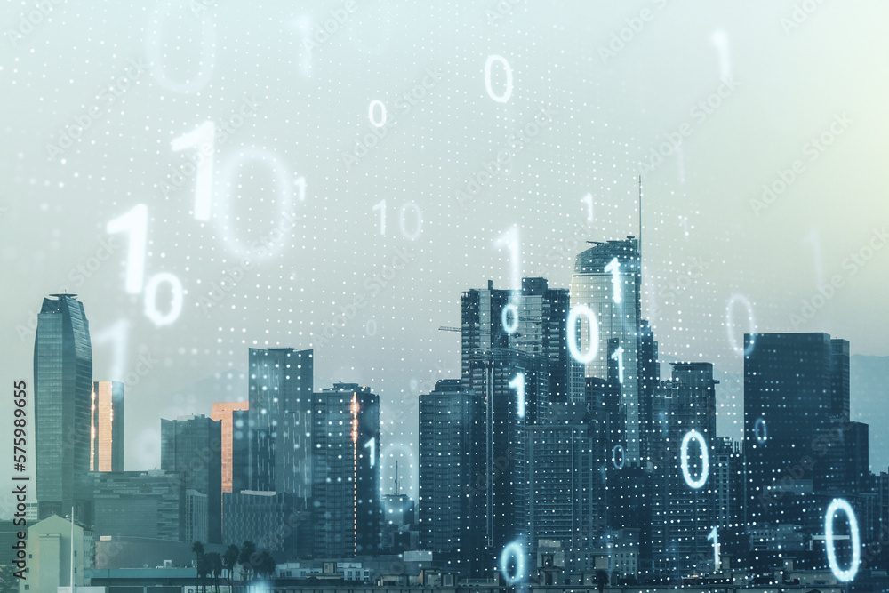 Leinwandbilder Double exposure of abstract virtual binary code hologram on Los Angeles city skyscrapers background. Database and programming concept