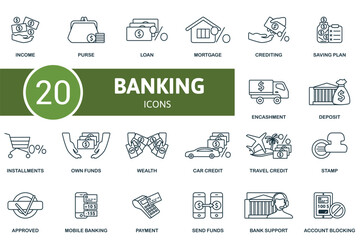 Banking icon outline set. Line Banking icon collection. Income, Purse, Loan, Mortgage, Crediting, Mobile Banking, Payment, Send Funds, Bank Support, Account Blocking icon