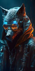 Portrait of a realistic sci-fi wolf with futuristic glasses and a hood