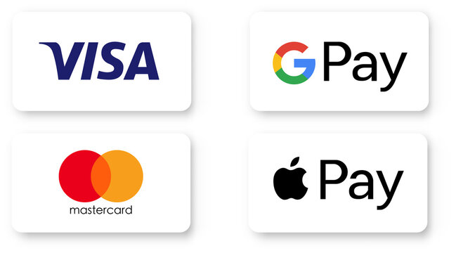 Buttons of popular payment systems mastercard, visa, apple pay, google pay. Buttons for a website are rectangular with rounded edges. PNG image