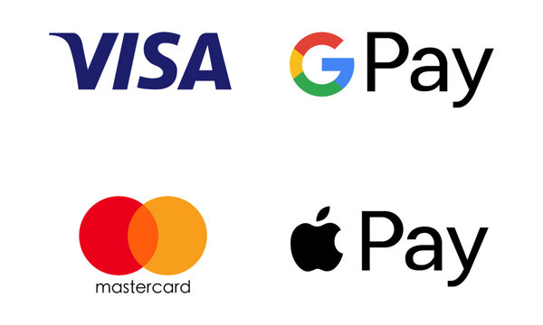 Popular payment systems mastercard, visa, apple pay, google pay. Logo for a website. Vector illustration EPS 10
