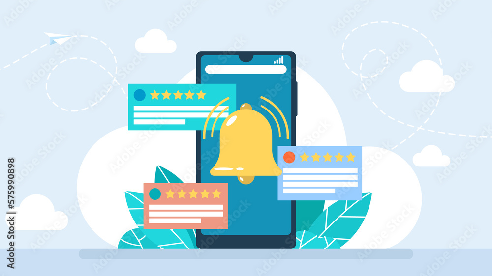 Poster smartphone with notification. alarm clock reminder message on screen. new email message on the phone