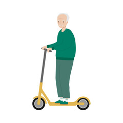 Senior man riding kick scooter. Old man riding electric scooter. Isolated vector illustration 