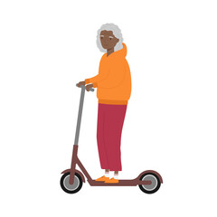 Senior woman riding kick scooter. Old woman riding electric scooter. Isolated Vector illustration