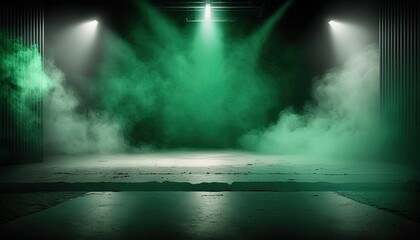Obraz premium green spotlights shine on stage floor in dark room, idea for background, backdrop Generative Ai 