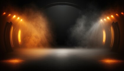 orange,   spotlights shine on stage floor in dark room, idea for background, backdrop Generative Ai	
