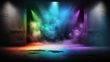 rainbow, spectrum,  spotlights shine on stage floor in dark room, idea for background, backdrop Generative Ai	
