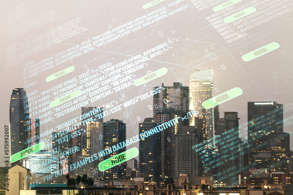 Poster multi exposure of abstract creative coding sketch on los angeles city skyline background, artificial
