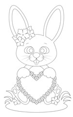 Bunny coloring page holding a heart.