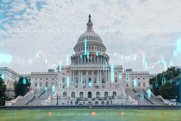 Capitol dome building exterior, Washington DC, USA. Home of Congress, Capitol Hill. American political system. Forex graph hologram. The concept of internet trading, brokerage and fundamental analysis