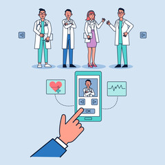 Doctor online concept. Patient choosing doctor for an appointment online on mobile screen. Online medical clinic communication with patient. Vector isometric illustration.