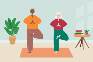 Senior man and woman doing yoga. Old man and woman practicing meditation, exercising, keeping active healthy lifestyle.