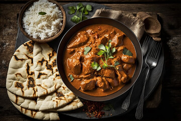Chicken tikka masala spicy curry meat food in a clay plate with rice and naan bread on wooden background. Ai generated