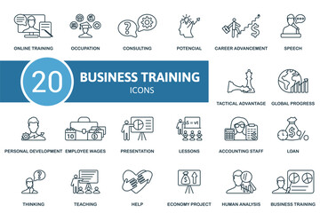 Business Training icon outline set. Line Business Training icon collection. Online Training, Occupation, Consulting, Potencial, Career Advancement, Teaching, Help, Economy Project, Human Analysis