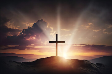 The resurrected Jesus Christ ascending to heaven above the bright light sky and clouds and God, Heaven and Second Coming concept Place of Jesus' crucifixion. Empty cross, Resurrection. Easter