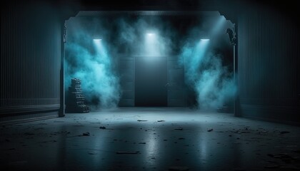 Fototapeta na wymiar blue, spotlights shine on stage floor in dark room, idea for background, backdrop, mock up, Generative Ai